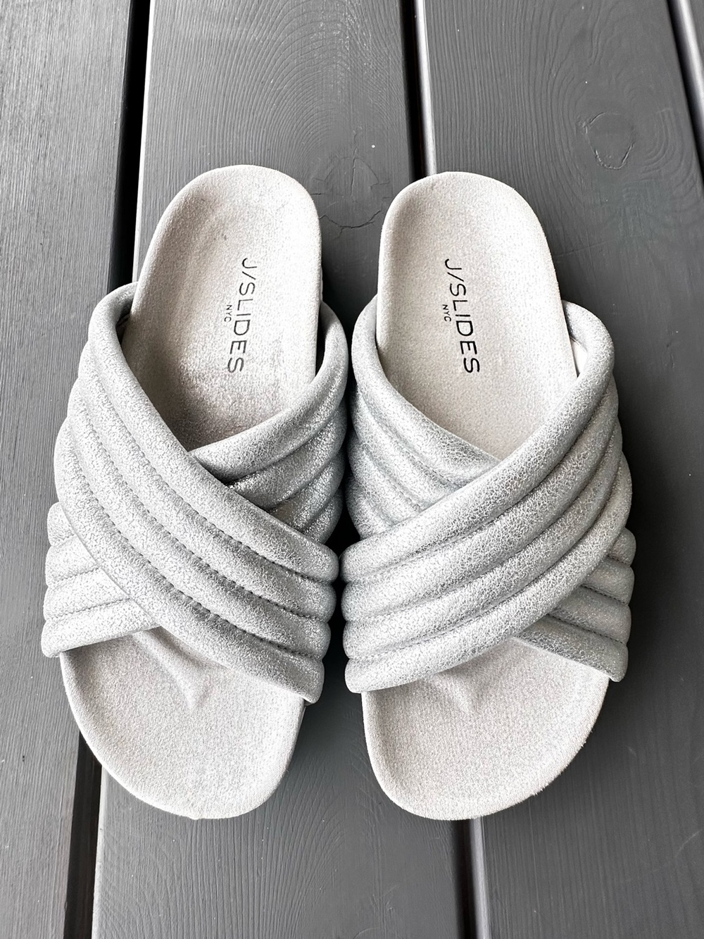 J/SLIDES Silver Crisscross Slide Sandals Sz 6.5, NEW